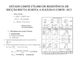 ESTADO LIMITE ÚTLIMO DE RESISTÊNCIA DE
SECÇÃO RECTA SUJEITA A FLEXÃO E CORTE –EC3
– Alma à flexão:
92
,
0
275
235
235 =
=
=
B
I
ε
( ) [ ]
PP
U
W
K
F E
4
,
360
2
2 =
−
−
=
ε
43
.
41
94
.
37
5
.
9
4
.
360 =
=
=
C
W
F
™Alma é classe 1
™A secção também.
• Resistência da secção à flexão:
[ ]
1P
0
F
G
H
I
412755
0
.
1
10
275
10
1501 6
6
,
, =
×
×
×
=
−
[ ]
1P
0
J
K
367500
, = 9HULILFDomR2.
 