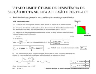 ESTADO LIMITE ÚTLIMO DE RESISTÊNCIA DE
SECÇÃO RECTA SUJEITA A FLEXÃO E CORTE –EC3
• Resistência da secção tendo em consideração os esforços combinados:
7
.
344622
2
525000
,
, =
≥
=
5G
SO
G
(
9
9 iOFXORGHXPPRPHQWRUHVLVWHQWHUHGX]LGR 5G
9

0 ,
,
274
.
0
1
4
.
689245
525000
2
2
=






−
×
=
ρ
⇒
⇒
⇒ [ ]
1P
0 5G
9
 386829
,
, =
[ ]
1P
0 5G
F
 412755
,
, =
RQFOXVmR$VHFomRGRSHUILOpDGHTXDGDSDUDDVROLFLWDomRFRPELQDGD
0(G0F5G
9(G9F5G


 