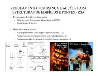 REGULAMENTO SEGURANÇA E ACÇÕES PARA
ESTRUTURAS DE EDIFÍCIOS E PONTES - RSA
• Regulamento dividido em duas partes:
– Critérios gerais de segurança (já verificado no REAE);
– Quantificação de acções.
• Quantificação das acções:
– Acções permanentes (peso próprio, impulsos da terra,… );
– Acções variáveis (sobrecargas, neve, sismos, temperatura,…);
– Acções provocadas por acidente (explosões, choques, incêndios,…).
:LQGVRU
0DGULG 6SDLQ 
)HY
:7 86$ 6HWHPEUR
 