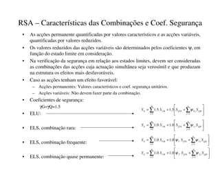 RSA – Características das Combinações e Coef. Segurança
• As acções permanente quantificadas por valores característicos e as acções variáveis,
quantificadas por valores reduzidos.
• Os valores reduzidos das acções variáveis são determinados pelos coeficientes ψ, em
função do estado limite em consideração.
• Na verificação da segurança em relação aos estados limites, devem ser consideradas
as combinações das acções cuja actuação simultânea seja verosímil e que produzam
na estrutura os efeitos mais desfavoráveis.
• Caso as acções tenham um efeito favorável:
– Acções permanentes: Valores característicos e coef. segurança unitários.
– Acções variáveis: Não devem fazer parte da combinação.
• Coeficientes de segurança:
γG=γQ=1.5
• ELU:
• ELS, combinação rara:
• ELS, combinação frequente:
• ELS, combinação quase permanente:






+
+
= ∑
∑ =
=
X
Y
Z
Y
[
Y
[
Z

]
^
]
[
_
6
6
6
6
2
0
1
1
5
.
1
5
.
1 ψ






+
+
= ∑
∑ =
=
`
a
b
a
c
a
c
b
d
e
f
e
c
g
6
6
6
6
2
1
1
1
0
.
1
0
.
1 ψ






+
+
= ∑
∑ =
=
h
i
j
i
k
i
k
j
l
m
n
m
k
o
6
6
6
6
2
2
1
1
1
0
.
1
0
.
1 ψ
ψ






+
+
= ∑
∑ =
=
p
q
r
q
s
q
s
r
t
u
v
u
s
w
6
6
6
6
2
2
1
2
1
0
.
1
0
.
1 ψ
ψ
 