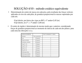 SOLUÇÃO 4/10 - método estático equivalente
• Determinação do centro de massa em cada piso, pela resultante das forças verticais
aplicadas ao eixo de cada pilar, de grandeza proporcional às massas suportadas por
cada um.
O pé direito, por baixo das vigas no R/C e 1ºandar=2,45 [m]
O pé direito, no 2º e 3ºandar= 2,60 [m]
• O centro de rigidez é determinado do mesmo modo que o anterior, considerando
forças de grandeza proporcional ao momento de inércia de cada um dos pilares, para
cada uma das direcções x e y.
V
130 [kg/m2]
Sobrecarga divisórias
V
300 [kg/m2]
Sobrecarga pavimento
V
200 [kg/m2]
Sobrecarga terraço
P
560 [kg/m]
Pilar P6...P8
P
350 [kg/m]
Pilar P1...P5
P
350 [kg/m]
Viga V5...V8
P
310 [kg/m]
Viga V1...V4
P
280 [kg/m2]
Enchimento cobertura
P
430 [kg/m2]
Parede da fachada
P
370 [kg/m2]
Laje
Valor característico
Elemento
Tipo: P- permanente V- variável
MASSA DO EDIFÍCIO
 