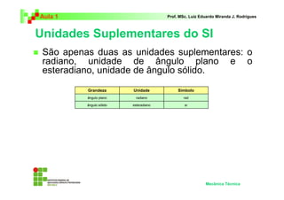Aula 1 Prof. MSc. Luiz Eduardo Miranda J. Rodrigues 
Unidades Suplementares do SI 
 São apenas duas as unidades suplementares: o 
radiano, unidade de ângulo plano e o 
esteradiano, unidade de ângulo sólido. 
Mecânica Técnica 
Grandeza Unidade Símbolo 
ângulo plano radiano rad 
ângulo sólido esteradiano sr 
 