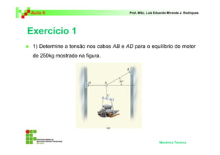 Aula 6 Prof. MSc. Luiz Eduardo Miranda J. Rodrigues 
Exercício 1 
 1) Determine a tensão nos cabos AB e AD para o equilíbrio do motor 
de 250kg mostrado na figura. 
Mecânica Técnica 
 
