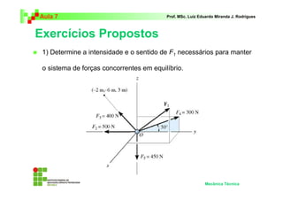 Aula 7 Prof. MSc. Luiz Eduardo Miranda J. Rodrigues 
Exercícios Propostos 
 1) Determine a intensidade e o sentido de F1 necessários para manter 
o sistema de forças concorrentes em equilíbrio. 
Mecânica Técnica 
 