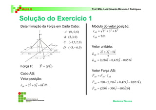 Aula 8 Prof. MSc. Luiz Eduardo Miranda J. Rodrigues 
Solução do Exercício 1 
2i 3 j 6k 
r r r r 
= 0,286 + 0,429 − 0,857 
v r r r 
= ⋅ + − 
v r r r 
= + − 
Mecânica Técnica 
Determinação da Força em Cada Cabo: 
A (0, 0,6) 
B (2,3,0) 
C (−1,5;2;0) 
D (−3,− 6,0) 
r r 
= 
Força F: 
Cabo AB: 
Vetor posição: 
r r r r 
= 2 + 3 − 6 
r i j k AB 
2 2 2 = 2 + 3 + 6 AB r 
= 7 AB r 
7 
uAB 
r r r 
r + − 
= 
u i j k AB 
v r 
= ⋅ 
AB AB AB F F u 
F 700 (0,286i 0,429 j 0,857k ) AB 
F (200i 300 j 600k ) AB 
F (Fk ) 
Módulo do vetor posição: 
Vetor unitário: 
Vetor Força AB: 
m 
m 
N 
 