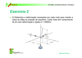 Aula 8 Prof. MSc. Luiz Eduardo Miranda J. Rodrigues 
Exercício 2 
 2) Determine a deformação necessária em cada mola para manter a 
caixa de 20kg na posição de equilíbrio. Cada mola tem comprimento 
de 2m sem deformação e rigidez k = 300N/m. 
Mecânica Técnica 
 