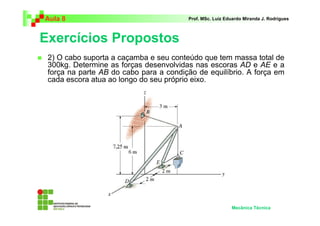 Aula 8 Prof. MSc. Luiz Eduardo Miranda J. Rodrigues 
Exercícios Propostos 
 2) O cabo suporta a caçamba e seu conteúdo que tem massa total de 
300kg. Determine as forças desenvolvidas nas escoras AD e AE e a 
força na parte AB do cabo para a condição de equilíbrio. A força em 
cada escora atua ao longo do seu próprio eixo. 
Mecânica Técnica 
 