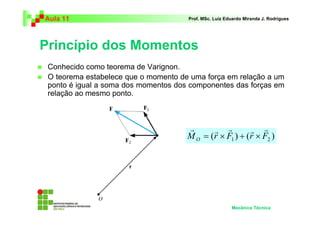 Aula 11 Prof. MSc. Luiz Eduardo Miranda J. Rodrigues 
Princípio dos Momentos 
 Conhecido como teorema de Varignon. 
 O teorema estabelece que o momento de uma força em relação a um 
ponto é igual a soma dos momentos dos componentes das forças em 
relação ao mesmo ponto. 
r r r r r 
= × + × 
( ) ( ) 1 2 M r F r F O 
Mecânica Técnica 
 