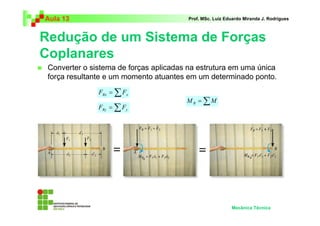 Aula 13 Prof. MSc. Luiz Eduardo Miranda J. Rodrigues 
Redução de um Sistema de Forças 
Coplanares 
 Converter o sistema de forças aplicadas na estrutura em uma única 
força resultante e um momento atuantes em um determinado ponto. 
Mecânica Técnica 
=Σ Rx x F F 
=Σ Ry y F F 
M =ΣM R 
 