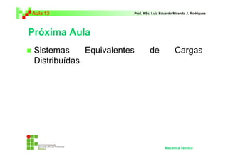 Aula 13 Prof. MSc. Luiz Eduardo Miranda J. Rodrigues 
Próxima Aula 
 Sistemas Equivalentes de Cargas 
Distribuídas. 
Mecânica Técnica 
 