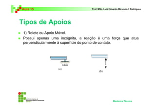 Aula 15 Prof. MSc. Luiz Eduardo Miranda J. Rodrigues 
Tipos de Apoios 
 1) Rolete ou Apoio Móvel. 
 Possui apenas uma incógnita, a reação é uma força que atua 
perpendicularmente à superfície do ponto de contato. 
Mecânica Técnica 
 