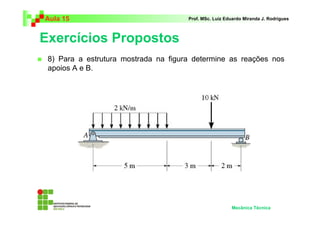 Aula 15 Prof. MSc. Luiz Eduardo Miranda J. Rodrigues 
Exercícios Propostos 
 8) Para a estrutura mostrada na figura determine as reações nos 
apoios A e B. 
Mecânica Técnica 
 