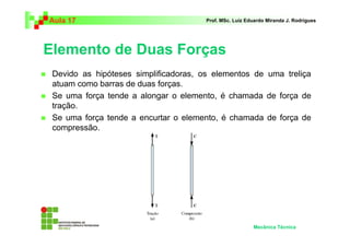 Aula 17 Prof. MSc. Luiz Eduardo Miranda J. Rodrigues 
Elemento de Duas Forças 
 Devido as hipóteses simplificadoras, os elementos de uma treliça 
atuam como barras de duas forças. 
 Se uma força tende a alongar o elemento, é chamada de força de 
tração. 
 Se uma força tende a encurtar o elemento, é chamada de força de 
compressão. 
Mecânica Técnica 
 