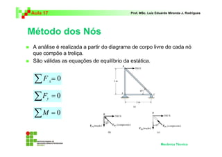 Aula 17 Prof. MSc. Luiz Eduardo Miranda J. Rodrigues 
Método dos Nós 
 A análise é realizada a partir do diagrama de corpo livre de cada nó 
que compõe a treliça. 
 São válidas as equações de equilíbrio da estática. 
Mecânica Técnica 
Σ = 0 x F 
Σ = 0 y F 
ΣM = 0 
 