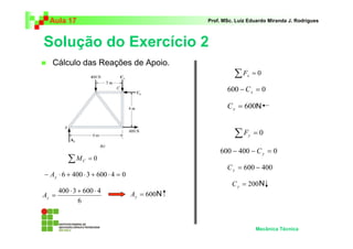 Aula 17 Prof. MSc. Luiz Eduardo Miranda J. Rodrigues 
Solução do Exercício 2 
 Cálculo das Reações de Apoio. 
Σ = 0 x F 
600 − = 0 x C 
= 600 x C N 
Mecânica Técnica 
Σ = 0 C M 
− ⋅ 6 + 400 ⋅ 3 + 600 ⋅ 4 = 0 y A 
400 ⋅ 3 + 600 ⋅ 4 
= y A = 600 y A 
6 
Σ = 0 y F 
600 − 400 − = 0 y C 
= 600 − 400 y C 
= 200 y C 
N 
N 
 