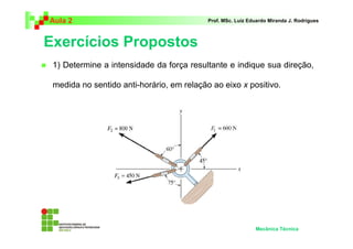 Aula 2 Prof. MSc. Luiz Eduardo Miranda J. Rodrigues 
Exercícios Propostos 
 1) Determine a intensidade da força resultante e indique sua direção, 
medida no sentido anti-horário, em relação ao eixo x positivo. 
Mecânica Técnica 
 