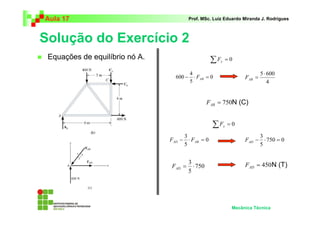 Aula 17 Prof. MSc. Luiz Eduardo Miranda J. Rodrigues 
Solução do Exercício 2 
 Equações de equilíbrio nó A. 
Σ = 0 y F 
0 
4 
600 − ⋅ = AB F 
5 ⋅ 600 
= AB F 
− 3 ⋅ = AD AB F F 750 0 
3 − ⋅ = AD F 
3 = ⋅ AD F = 450 AD F 
Mecânica Técnica 
0 
5 
5 
750 
5 
Σ = 0 x F 
5 
4 
= 750 AB F N (C) 
N (T) 
 