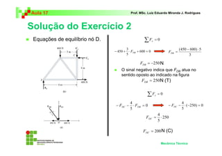 Aula 17 Prof. MSc. Luiz Eduardo Miranda J. Rodrigues 
Solução do Exercício 2 
 Equações de equilíbrio nó D. 
(450 − 600) ⋅ 5 
= DB F 
N 
 O sinal negativo indica que FDB atua no 
sentido oposto ao indicado na figura 
N (T) 
4 4 − F DC − ⋅ F DB = − F 
DC − ⋅ ( − 250) = 0 
4 = ⋅ DC F 
Mecânica Técnica 
Σ = 0 x F 
− 450 + ⋅ + = DB F 
600 0 
3 
5 
3 
= −250 DB F 
= 250 DB F 
Σ = 0 y F 
0 
5 
5 
250 
5 
= 200 DC F N (C) 
 