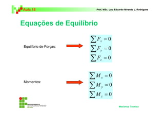 Aula 18 Prof. MSc. Luiz Eduardo Miranda J. Rodrigues 
Equações de Equilíbrio 
Mecânica Técnica 
Σ 
Σ 
Σ 
= 
= 
= 
0 
0 
0 
F 
x 
y 
F 
F 
z 
Σ 
Σ 
Σ 
= 
= 
= 
0 
0 
0 
x 
y 
z 
M 
M 
M 
Equilíbrio de Forças: 
Momentos: 
 