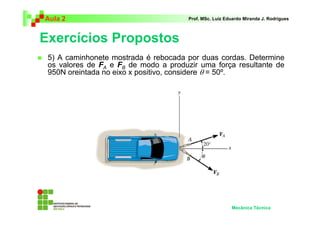 Aula 2 Prof. MSc. Luiz Eduardo Miranda J. Rodrigues 
Exercícios Propostos 
 5) A caminhonete mostrada é rebocada por duas cordas. Determine 
os valores de F 
A e F 
B de modo a produzir uma força resultante de 
950N oreintada no eixo x positivo, considere θ = 50º. 
Mecânica Técnica 
 