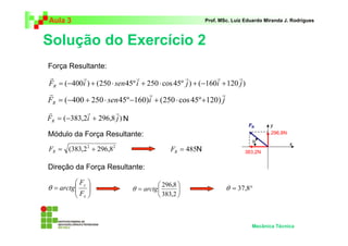 Aula 3 Prof. MSc. Luiz Eduardo Miranda J. Rodrigues 
Solução do Exercício 2 
FR 
θ 
θ arctg θ = 37,8° 
Mecânica Técnica 
r r r r r r 
= − + ⋅ + ⋅ + − + 
F ( 400i ) (250 sen45º i 250 cos 45º j ) ( 160i 120 j ) R 
r r r 
= (−400 + 250 ⋅ 45º−160) + (250 ⋅cos 45º+120) 
F sen i j R 
r r r 
= − + 
2 2 = (383,2 + 296,8 R F = 485 R F 
 
  
 
  
= 
F 
 
296,8 
y 
θ arctg F 
x 
 
 
 
= 
383,2 
Força Resultante: 
Módulo da Força Resultante: 
Direção da Força Resultante: 
N 
F ( 383,2i 296,8 j )N R 
296,8N 
383,2N 
x 
y 
 