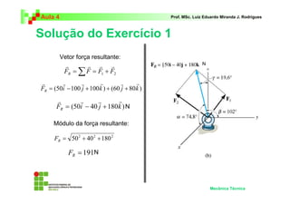 Aula 4 Prof. MSc. Luiz Eduardo Miranda J. Rodrigues 
Solução do Exercício 1 
Mecânica Técnica 
Vetor força resultante: 
r r r r 
=Σ = + 1 2 F F F F R 
r r r r r r 
= − + + + 
F (50i 100 j 100k ) (60 j 80k ) R 
r r r r 
= − + 
F (50i 40 j 180k ) R 
Módulo da força resultante: 
= 191 R F N 
N 
N 
2 2 2 = 50 + 40 +180 R F 
 