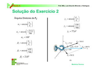 Aula 4 Prof. MSc. Luiz Eduardo Miranda J. Rodrigues 
Solução do Exercício 2 
 
 
F γ 2 
z 
 
=  
150 
Mecânica Técnica 
Ângulos Diretores de F 
 
  
 
α F x 
  
= 
2 
2 
2 arccos 
F 
 
 
 − 
 
= 
212,2 
700 
arccos 2 α 
= 108° 2 α 
  
  
= 
2 
2 arccos 
F 
 
 
700 
arccos 2 γ 
= 77,6° 2 γ 
 
  
 
F y β 
  
= 
2 
2 
2 arccos 
F 
 
 
=  
 
650 
700 
arccos 2 β 
= 21,8° 2 β 
2: 
 