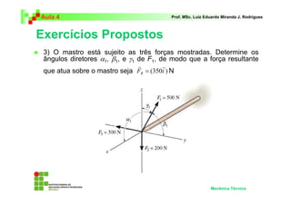 Aula 4 Prof. MSc. Luiz Eduardo Miranda J. Rodrigues 
Exercícios Propostos 
 3) O mastro está sujeito as três forças mostradas. Determine os 
ângulos diretores α1, β1, e γ1 de F1, de modo que a força resultante 
que atua sobre o mastro seja N 
Mecânica Técnica 
r r 
= 
F (350i ) R 
 