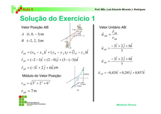 Aula 5 Prof. MSc. Luiz Eduardo Miranda J. Rodrigues 
Solução do Exercício 1 
r 
AB 
3i 2 j 6k 
3i 2 j 6k 
r r r r 
= −0,428 + 0,285 + 0,857 
Mecânica Técnica 
A (1, 0, − 3) 
B (−2, 2, 3) 
r r r r 
= ( − ) + ( − ) + ( − ) 
r x x i y y j z z k AB B A B A B A 
r r r r 
= (−2 −1) + (2 − 0) + (3 − (−3)) 
r i j k AB 
r r r r 
= − + + 
r ( 3i 2 j 6k ) AB 
2 2 2 = 3 + 2 + 6 AB r 
= 7 AB r 
AB r 
AB 
u 
r 
r 
= 
7 
uAB 
r r r 
r − + + 
= 
7 
uAB 
r r r 
r − + + 
= 
u i j k AB 
Vetor Posição AB: 
Módulo do Vetor Posição: 
Vetor Unitário AB: 
m 
m 
m 
m 
 
