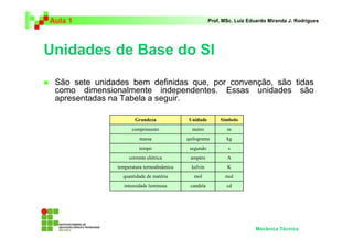 Aula 1 Prof. MSc. Luiz Eduardo Miranda J. Rodrigues 
Unidades de Base do SI 
 São sete unidades bem definidas que, por convenção, são tidas 
como dimensionalmente independentes. Essas unidades são 
apresentadas na Tabela a seguir. 
Mecânica Técnica 
Grandeza Unidade Símbolo 
comprimento metro m 
massa quilograma kg 
tempo segundo s 
corrente elétrica ampère A 
temperatura termodinâmica kelvin K 
quantidade de matéria mol mol 
intensidade luminosa candela cd 
 