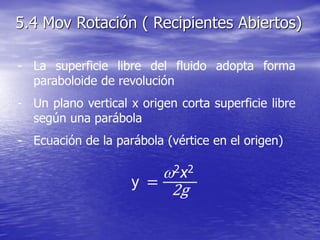 - La superficie libre del fluido adopta forma
paraboloide de revolución
- Un plano vertical x origen corta superficie libre
según una parábola
- Ecuación de la parábola (vértice en el origen)
5.4 Mov Rotación ( Recipientes Abiertos)
y =
w2x2
2g
 