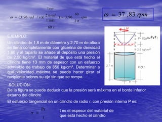 rpm
s
rad
rev
srad

w
2
60
96,3)
60
min1
2
1
)(/96,3( 
rpm83,37w
EJEMPLO:
Un cilindro de 1,8 m de diámetro y 2,70 m de altura
se llena completamente con glicerina de densidad
1,60 y al taparlo se añade al depósito una presión
de 2,50 kg/cm². El material de que está hecho el
cilindro tiene 13 mm de espesor con un esfuerzo
admisible de trabajo de 850 kg/cm². Determinar a
qué velocidad máxima se puede hacer girar el
recipiente sobres su eje sin que se rompa.
SOLUCIÓN:
El esfuerzo tangencial en un cilindro de radio r, con presión interna P es:
t
Pr
 t es el espesor del material de
que está hecho el cilindro
De la figura se puede deducir que la presión será máxima en el borde inferior
externo del cilindro
 