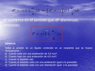 dz
g
a
dPdz
g
a
dP
P z
zz
)1()1(
0 0
   
dz aumenta en el sentido que dP disminuye,
entonces:
z
g
a
P z
)1(  
EJEMPLO:
Hallar la presión en un líquido contenida en un recipiente que se mueve
verticalmente :
a) Cuando sube con una aceleración de 4,9 m/s².
b) Cuando baja con una aceleración de 4,9 m/s².
c) Cuando el depósito cae.
d) Cuando el depósito sube con una aceleración igual a la gravedad.
e) Cuando el depósito sube con una retardación igual a la gravedad.
+
-
 