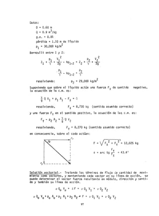 Datos:
O = 0.60 m
Q = 0.9 m3
/s9
g.e. = 0.85
pérdida = 1,10 m de liquido
2
PI = 30,000 kg/m
Bernoulli entre 1 y 2:
2
PI VI
Zl + ~ + ~ - hPl_2
V 2
= Z + ~ + 2
2 y .~
. PI
- -y
resolviendo:
= P2
hPl_2 y
P2 = 29,000 kg/m
2
Suponiendo que sobre el líquido actúa una fuerza FX de sentido negativo,
la ecuación de la c.m. es;
resolviendo. FX = 8,730 kg lsentido asumido correcto)
y una fuerza fy en el sentido positivo, la ecuación de las c.m. es:
Fy - P2 A2 =~'Q V2
resolviendo, F = 8,270 kg (sentido asumido correcto)y
en consecuencia, sobre el codo actúan:
~.--_ _ _ _-.Fx
I
I
I
i
F = VFX2 + Fy
2
1= 12,025 kg
F
e = arc tg ~ = 43.4°
Fx
SoluCión vectorial.- Tratando los términos de flujo eJe cantidad de movi-
miento como vectores, y manteniendo cada vector en su línea. de acción, se
puede determinar el vector fuerza resultante en módulo. dirección y senti-
do y también su línea de acción.
p Qo Vo + ¿ F = p Q1 VI -+ p Q2 V2
p Qo Vo + Po Ao + PI Al + p¿ 'AZ'.04- F = p Q1 VI + p Q2 V2
97
 