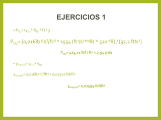• PO2= (γO2* RO2*T) / g
PO2= [0,01687(lbf/ft3) * 1554 (ft2/s2*ºR) * 520 ºR] / [32,2 ft/s2]
PO2= 423,11 lbf / ft2 = 2,94 psia
• γmezcla= γO2 + γN2
γmezcla= 0,01687lbf/ft3 + 0,05912lbf/ft3
γmezcla= 0,07599 lbf/ft3
EJERCICIOS 1
 