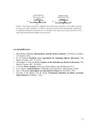 INACURÁCIA                            IMPRECISÃO
                              Valor aceito como                     Valor aceito como
                                 verdadeiro                           verdadeiro
                     a)                                     b)
                                   (   )                                (          )
                                    A                                   ) A
     Figura 5. Nesta figura encontra-se a distinção entre imprecisão e inacurácia. A seta indica a posição
     do valor aceito como verdadeiro, e A indica o valor mais provável de uma determinação experimental.
     Os parênteses delimitam a incerteza em A. A medida (a) foi mais precisa (menor incerteza em A),
     porém mais inacurada (mais distante do valor aceito).




1.8. REFERÊNCIAS

1.   Dana Roberts, Errors, discrepancies, and the nature of physics, The Physics Teacher,
     155, March (1983).
2.   D. H. Garrison, Random error experiment for beginning physics laboratory, The
     Physics Teacher, 356 . 13 (1975).
3.   Christopher G. Deacon, Error Analysis in the Introductory Physics Laboratory, The
     Physics Teacher, 368 . 30 (1992).
4.   J. Taylor, Error Analysis, University Science Books, Second Edition (1997).
5.   G. L. Squires, Pratical Physics, Cambridge University Press, Third Edition (1994)
6.   João J. Piacentini, Introdução ao Laboratório de Física, Ed. Da UFSC, 1998.
7.   Otaviano A. M. Helene, Vito R. Vanin, Tratamento Estatístico de Dados em Física
     Experimental, Ed. Blucher , 1981.




                                                                                                             52
 