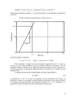 Quando t=1 tem-se log t = 0 e então log H = log C e resulta H = C.

Portanto por interpolação, quando t = 1 o valor de H lido no eixo da ordenada corresponde ao
valor de C.

                          Gráfico 9. Mostra como determinar os valores de n e C.

                 1000



                 H=C
DISTÂNCIA (cm)




                  100
                                           6.2




                                     3.1




                   10
                    0.1                          1                      10              100
                                                 t=1
                                                         TEMPO (s)

A partir do gráfico 9 segue que :

                          n = 6,2 / 3,1 = 2,0     e para t = 1 tem-se H = C = 490,0

        Para determinar o número correto de algarismos significativos de C e n deve-se
calcular os erros destes parâmetros como nos gráficos bilineares, traçando as retas de
inclinação máxima e mínima. Se no gráfico não aparecerem barras de erro, então usa-se o
critério de operações com algarismos significativos para n e associa-se a C o número de casas
decimais de H.
        A equação que representa o comportamento dos dados experimentais é

                                                 H = 490 t2                              (10)

a dimensão de C é H / t2, ou seja, de aceleração. Para dar significado físico correto ao
parâmetro C lembre-se de comparar a equação obtida no experimento com a previsão teórica.
No exemplo, para um movimento com aceleração constante H = ½ a t2 . Portanto C é a
metade do valor da aceleração do corpo no movimento de queda livre.




                                                                                              68
 