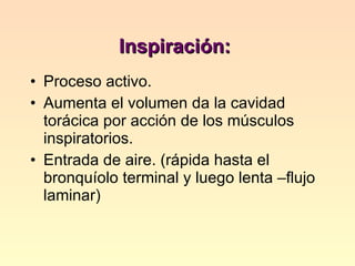 Inspiración:  Proceso activo. Aumenta el volumen da la cavidad torácica por acción de los músculos inspiratorios. Entrada de aire. (rápida hasta el bronquíolo terminal y luego lenta –flujo laminar) 