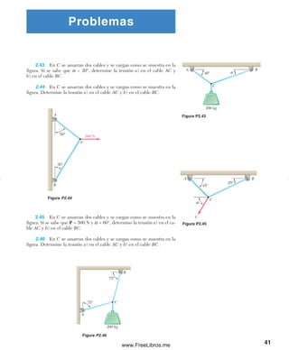 Problemas
2.43 En C se amarran dos cables y se cargan como se muestra en la
figura. Si se sabe que α = 20°, determine la tensión a) en el cable AC y
b) en el cable BC.
2.44 En C se amarran dos cables y se cargan como se muestra en la
figura. Determine la tensión a) en el cable AC y b) en el cable BC.
41
2.45 En C se amarran dos cables y se cargan como se muestra en la
figura. Si se sabe que P = 500 N y α = 60°, determine la tensión a) en el ca-
ble AC y b) en el cable BC.
2.46 En C se amarran dos cables y se cargan como se muestra en la
figura. Determine la tensión a) en el cable AC y b) en el cable BC.
Figura P2.44
Figura P2.43
Figura P2.45
Figura P2.46
40°
A B
C
200 kg
a
A
B
C
500 N50°
30°
45º
A B
C
P
25º
a
75°
75°
200 kg
C
A
B
02Chapter02-Beer-Estática.qxd:Beer 02.qxd 08/10/09 08:23 PM Página 41
www.FreeLibros.me
 
