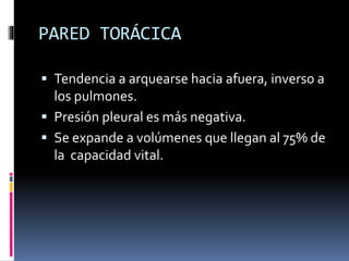 PARED TORÁCICA
 Tendencia a arquearse hacia afuera, inverso a

los pulmones.
 Presión pleural es más negativa.
 Se expande a volúmenes que llegan al 75% de
la capacidad vital.

 