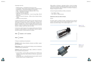 CAPÍTULO 11
MECâNICA 2
264 265
Falhas geradas em rolamentos e engrenagens utilizam a técnica do envelope,
composta de um conjunto de procedimentos aplicados ao sinal, que reúne: dei-
nição da faixa de iltragem, reino da amplitude, de modulação da frequência e
iltragem da frequência com defeito.
As faixas de frequências identiicam as falhas nos rolamentos:
•	50 a 1000 Hz = folgas;
•	500 a 1000 Hz = desbalanceamento.
Equipamentos usados para análise de vibração
Sensores
Os sensores captam as oscilações de torque e transmitem para um sistema de
controle e análise. Existem sensores para variadas inalidades. Podem ser: eletro-
dinâmicos, piezoelétricos (igura 11.16) e indutivos (igura 11.17).
Figura 11.16
sensor piezoelétrico.
Figura 11.17
sensor indutivo
sem contato.
As principais causas são:
•	desbalanceamento – má distribuição da massa de um rotor;
•	 excentricidade – vibrações radiais, percepção semelhante ao desbalanceamento;
•	desalinhamento – em decorrência de desgaste de componentes;
•	folgas – ocasionadas pela presença de componentes soltos e trincas;
•	correias – desgastadas ou com folgas;
•	engrenagens com dentes quebrados;
•	defeitos em mancais de deslizamento – excesso de carga, folgas e falta de
lubriicação;
•	defeitos em mancais de rolamentos – defeitos em pista, elementos rodantes
e gaiola;
•	problemas em motores elétricos.
O método de percepção das vibrações consiste em coletar ruídos do interior da
máquina por meio de um sensor e analisar as diferenças, os solavancos cíclicos
cuja oscilação é percebida na forma de um espectro gráico. Os dados são re-
gistrados e analisados. Picos e vales fora do padrão podem demonstrar que há
problema no interior da máquina. Então, conhecendo seu interior, por meio de
desenhos e catálogos, é possível saber onde está o defeito.
O valor de pico resulta de impactos de curta duração, deslocamentos vibratórios
da máquina. A média quadrática, ou valor RMS indica a média da energia do
movimento vibratório, o potencial destrutivo da vibração.
RMS amplitude amplitude
= ⋅ = ⋅
2
2
0 707
,
Média amplitude
= ⋅
1
2
A vibração é reconhecida por três parâmetros:
Velocidade: identiica vibrações hidráulicas, rolamentos com defeitos e engrena-
gens com problemas.
Deslocamento: analisa as várias alterações de vibração, mas não é indicada para
o desbalanceamento e desalinhamento.
Aceleração: identiica desbalanceamento, folgas e problemas em rolamentos.
Pode ser analisada sob dois parâmetros:
•	aceleração RMS – que detecta falhas com frequência de até 1000 Hz. Esse
parâmetro é indicado para análise de falhas em rolamentos, engrenamentos
e lubriicação;
•	aceleração pico a pico – pela análise dos picos do espectro gráico é possível
identiicar falhas relevantes, de qualquer natureza.
eleCtrOnistOCK/alamY/OtHerimages
 