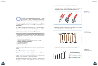 CAPÍTULO 12
MECâNICA 2
268 269
As ferramentas manuais mais comuns podem ser classiicadas em:
•	ferramentas com borda aiada: Exemplos: facas, machados, cortadores ma-
nuais de barras e hastes, formões, cortadores de vidro (igura 12.1);
•	ferramentas de golpes: como martelos de cabeça (feitos de ferro, madeira,
bronze, plástico), marretas, cinzéis (igura 12.2);
•	ferramentas de torção: chaves de fenda, chaves de boca (igura 12.3);
Figura 12.1
Cortadores de vidro.
Figura 12.2
ferramentas de golpe.
Figura 12.3
ferramentas de torção.
Ocentro das atenções da manutenção industrial são as máqui-
nas. O objetivo é manter seu bom funcionamento e o me-
lhor aproveitamento. Paradas indesejadas são evitadas com a
manutenção permanente. A manutenção preditiva e autônoma cumpre esse
papel. Com o passar do tempo, uma intervenção maior deve ser agendada
e a máquina vai para a manutenção preventiva, que evita uma parada geral
dessa máquina.
Em condições extremas, por conveniência ou não, as máquinas acabam na
manutenção corretiva. Quando ocorre uma intervenção maior, o grupo da ma-
nutenção precisa, desmontando a máquina, corrigir as falhas, eliminar peças e
conjuntos avariados e melhorar o funcionamento geral do sistema.
Alguns fatores são essenciais na execução dessa tarefa de manutenção corretiva.
É necessário estar atento às especiicidades do trabalho de desmontagem
e montagem dos componentes da máquina. Alguns cuidados podem ser
importantes:
•	manter as ferramentas de trabalho;
•	selecionar equipamentos de elevação e movimentação de cargas;
•	desmontar componentes das máquinas;
•	recuperar guias deslizantes;
•	substituir componentes;
•	fazer ajustes nos mecanismos.
A seguir, são abordados alguns tópicos com o objetivo de iniciar conhecimento
na área.
12.1 Ferramentas de manutenção
As ferramentas primitivas foram desenvolvidas para facilitar a vida dos seres
humanos na colheita de frutas, na caça, na pesca e em sua proteção. Ao
longo da história, elas se modiicaram e se tornaram mais soisticadas com a
mudança do foco do trabalho, de agrícola para industrial.
Na indústria, as ferramentas servem para a realização de trabalhos manuais
em montagem de produtos, instalações diversas e manutenção de máquinas
e equipamentos.
DumitresCu
CiPrian-flOrin
/sHutterstOCK
JaKe
rennaKer/sHutterstOCK
alDOraDO/sHutterstOCK
a.
gOHOrOv/sHutterstOCK
 