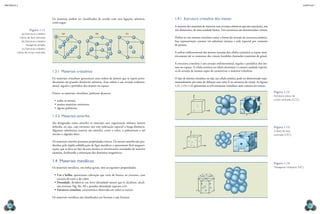 CAPÍTULO 1
MECâNICA 2
34 35
Os materiais podem ser classiicados de acordo com suas ligações atômicas,
como segue.
1.3.1 Materiais cristalinos
Os materiais cristalinos apresentam uma ordem de átomos que se repete perio-
dicamente até grandes distâncias atômicas. Essa ordem é um arranjo tridimen-
sional, regular e periódico dos átomos no espaço.
Dentre os materiais cristalinos, podemos destacar:
•	todos os metais;
•	muitos materiais cerâmicos;
•	alguns polímeros.
1.3.2 Materiais amorfos
São designados como amorfos os materiais sem organização atômica interna
deinida, ou seja, cuja estrutura não tem ordenação espacial a longa distância.
Algumas substâncias comuns são amorfas, como o vidro, o poliestireno e até
mesmo o algodão-doce.
Os materiais amorfos possuem propriedades únicas. Os metais amorfos são pro-
duzidos pela rápida solidiicação de ligas metálicas e apresentam fácil magneti-
zação, que se deve ao fato de seus átomos se encontrarem arranjados de maneira
aleatória, facilitando a orientação dos domínios magnéticos.
1.4 Materiais metálicos
Os materiais metálicos, em linhas gerais, têm as seguintes propriedades:
•	Cor	e	brilho: apresentam coloração que varia do branco ao cinzento, com
exceção do ouro e do cobre.
•	Densidade: dividem-se em leves (densidade menor que 6: alcalinos, alcali-
nos terrosos, Mg, Be, Al) e pesados (densidade superior a 6).
•	Estrutura	cristalina: característica observada em todos os metais.
Os materiais metálicos são classiicados em ferrosos e não ferrosos.
(c)
(a) (b)
Figura 1.11
(a) estrutura cristalina
cúbica de face centrada
(b) estrutura cristalina
hexagonal simples
(c) estrutura cristalina
cúbica de corpo centrado.
1.4.1 Estrutura cristalina dos metais
A maioria dos materiais de interesse tem arranjos atômicos que são repetições, nas
três dimensões, de uma unidade básica. Tais estruturas são denominadas cristais.
Deine-se um sistema cristalino como a forma do arranjo da estrutura atômica.
Sua representação consiste em substituir átomos e rede espacial por conjunto
de pontos.
A ordem tridimensional dos átomos (arranjo das células unitárias) se repete sime-
tricamente até os contornos dos cristais (também chamados contornos de grãos).
A estrutura cristalina é um arranjo tridimensional, regular e periódico dos áto-
mos no espaço. A célula unitária ou célula elementar é a menor unidade repetiti-
va de arranjo de átomos capaz de caracterizar o material cristalino.
O tipo de sistema cristalino, ou seja, sua célula unitária, pode ser determinado expe-
rimentalmente por meio de difração com raios X na estrutura do cristal. As iguras
1.12, 1.13 e 1.14 apresentam as três estruturas cristalinas mais comuns em metais.
z
y
a
a
a
x
Figura 1.12
estrutura cúbica de
corpo centrado (CCC).
z
y
x
Figura 1.13
Cúbico de face
centrada (CfC).
t
a
a a
Figura 1.14
Hexagonal compacto (HC).
 