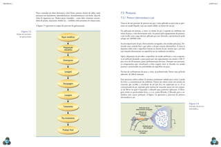 CAPÍTULO 7
MECâNICA 2
118 119
7.3 Pinturas
7.3.1 Pintura eletrostática a pó
Trata-se de um processo de pintura em que a tinta aplicada na peça não se apre-
senta no estado líquido, mas em estado sólido, na forma de um pó.
Na aplicação da pintura, a tinta, na forma de pó, é soprada no ambiente em
torno da peça, e não diretamente nela. Ao passar pelo equipamento de pintura,
o pó recebe uma carga elétrica aplicada por um eletrodo, cujo potencial pode
atingir até 100000 volts.
As micropartículas de pó, eletricamente carregadas, são atraídas pela peça, for-
mando uma camada ina e que adere a ela por atração eletrostática. A tinta se
deposita sobre toda a superfície imersa na nuvem de pó, mesmo que o pó não
seja lançado diretamente na superfície ou no ambiente envoltório.
Após a deposição do pó sobre a superfície, de modo uniforme e com a espessu-
ra de película desejada, a peça passa por um aquecimento em estufa a 220 °C
por cerca de 20 minutos, para a polimerização da tinta. Durante esse processo,
os componentes que constituem a tinta reagem entre si, icando em estado
pastoso e penetrando nas porosidades da superfície da peça.
Na fase do resfriamento da peça, a tinta, já polimerizada, forma uma película
aderente, de difícil remoção.
Esse processo utiliza cabine de pintura totalmente vedada para evitar a perda
de tinta e a contaminação do ambiente. Dentro da cabine existe um sistema de
exaustão que recolhe o excedente de pó que ica em suspensão no ar. O ar
contaminado de pó, aspirado pelo sistema de exaustão, passa em um conjun-
to de iltros no qual é separado e coletado para posterior aplicação. A iltra-
gem retém os particulados leves, e o ar, assim iltrado, é liberado para a at-
mosfera sem causar poluição. A igura 7.6 apresenta o processo de pintura
eletrostática a pó.
Eletrodo de
descarga de alta
voltagem
Partículas de pó
eletricamente carregadas
Íons livres
Multiplicador de
alta voltagem
Cabo de baixa
voltagem
Figura 7.6
exemplo de pintura
eletrostática.
Peças cromadas de efeito decorativo como frisos, antenas, botões de rádio, estão
presentes em automóveis, eletroeletrônicos, eletrodomésticos e em faróis, alças de
cinto de segurança etc. Muitas peças cromadas – como ralos, torneiras, escorre-
dores de pratos, maçanetas, botões etc. – também estão presentes em nossas casas.
A igura 7.5 apresenta as etapas do processo de galvanização.
Peças metálicas
Preparação
mecânica
Desengraxe
Lavagem
Decapagem
Lavagem
Tratamento
Pós-tratamento
Produto final
Figura 7.5
etapas do processo
de galvanização.
 