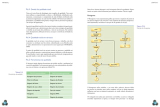CAPÍTULO 9
MECâNICA 2
188 189
Neste livro, daremos destaque às sete ferramentas básicas da qualidade. Alguns
autores as tratam como ferramentas para melhoria contínua. Veja-as a seguir.
Fluxograma
O luxograma é uma representação gráica que mostra a sequência de passos de
um processo (igura 9.26). Processo é uma sequência de operações justapostas e
inter-relacionadas, necessárias à execução de um produto ou serviço.
O luxograma utiliza símbolos e, por meio deles, podem-se detectar falhas
no processo ou entender outro muito complexo, em que se deseja programar
melhorias com base na redução de operações, ou, ainda, reduzir documentos e
informatizar.
Os retângulos são usados para representar as atividades, as ações; os triângulos
invertidos representam as esperas, os estoques entre processos; e os losangos
Embalar peça
Inspecionar
Peça
aprovada?
Estoque
Usinar
Selecionar
material
Início
Retrabalhar
N
S
Fim
Enviar para
o cliente
1
1
Figura 9.26
exemplo de luxograma.
9.6.3 Gestão da qualidade total
Trata-se de uma forma de abordagem mais completa da qualidade. Tem como
meta melhorar a competitividade, a eicácia e a lexibilidade, trabalhando o pla-
nejamento, a estruturação e a compreensão de cada atividade, envolvendo todas
as pessoas da organização, em cada nível de trabalho. De forma mais sistêmica e
participativa, a qualidade total permeia e integra todos os processos de produção
e de serviços da organização.
A gestão da qualidade total deve fazer parte do plano estratégico da organização,
além de permitir que a administração adote uma visão estratégica da qualidade
e trabalhe na prevenção dos problemas, e não em sua detecção. Ela também
reúne planejamento, deinição de metas, execução e controle das atividades da
qualidade.
9.6.4 Qualidade total em serviços
A qualidade total em serviços é uma forma de pensar e trabalhar com foco
constante na satisfação total do cliente, subordinando a essa ilosoia todas
as ações administrativas ou operacionais de uma organização (MARQUES,
2000).
A prática da qualidade total em serviços consiste em procurar a qualidade em
todas as relações pessoais e comerciais que possam inluenciar a vida das pessoas.
É uma ilosoia, é sentir e agir impulsionado por uma forma de energia poderosa
que pode mudar o rumo de nossa vida para melhor.
9.6.5 Ferramentas da qualidade
A literatura aponta algumas ferramentas que podem auxiliar o proissional no
controle da qualidade. As ferramentas aparecem como solucionadoras de proble-
mas: são sete básicas e sete gerenciais (tabela 9.8).
Sete ferramentas básicas Sete ferramentas gerenciais
Fluxograma dos processos Diagrama de relações
Folha de veriicação Diagrama de ainidades
Diagrama de Pareto Diagrama em árvore
Diagrama de causa e efeito Diagrama de priorização
Diagrama de dispersão Matriz de relações
Histograma Diagrama PDPC
Cartas de controle Diagrama de atividades
Tabela 9.8
ferramentas da qualidade.
 