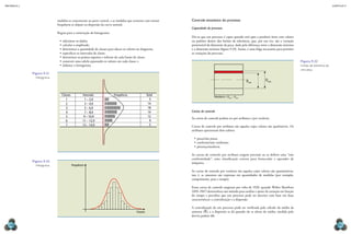 CAPÍTULO 9
MECâNICA 2
194 195
Controle estatístico do processo
Capacidade do processo
Diz-se que um processo é capaz quando está apto a produzir itens com valores
ou padrões dentro dos limites de tolerância, que, por sua vez, são a variação
permissível da dimensão da peça, dada pela diferença entre a dimensão máxima
e a dimensão mínima (igura 9.33). Assim, é uma folga necessária para permitir
as variações do processo.
Cartas de controle
As cartas de controle podem ser por atributos e por variáveis.
Cartas de controle por atributos são aquelas cujos valores são qualitativos. Os
atributos apresentam dois valores:
•	passa/não passa;
•	conforme/não conforme;
•	presença/ausência.
As cartas de controle por atributo exigem precisão ao se deinir uma “não
conformidade”, uma classiicação correta para fornecedor e operador de
máquina.
As cartas de controle por variáveis são aquelas cujos valores são quantitativos,
isto é, as amostras são expressas em quantidades de medidas (por exemplo,
comprimento, peso e tempo).
Essas cartas de controle surgiram por volta de 1920, quando Walter Shewhart
(1891-1967) desenvolveu um método para análise e ajuste da variação em função
do tempo e percebeu que um processo pode ser descrito com base em duas
características: a centralização e a dispersão.
A centralização de um processo pode ser veriicada pelo cálculo da média da
amostra (X), e a dispersão se dá quando ela se afasta da média, medida pelo
desvio padrão (σ).
Dmín
Tolerância = Dmáx
– Dmín
Dmáx
Figura 9.33
limites de tolerância de
uma peça.
medidas se concentram na parte central, e as medidas que ocorrem com menor
frequência se alojam na dispersão da curva normal.
Regras para a construção do histograma:
•	selecionar os dados;
•	calcular a amplitude;
•	determinar a quantidade de classes para alocar os valores no diagrama;
•	especiicar os intervalos de classe;
•	determinar os pontos superior e inferior de cada limite de classe;
•	construir uma tabela separando os valores em cada classe; e
•	elaborar o histograma.
1 1 – 2,9
2 3 – 4,9
3 5 – 6,9
4 7 – 8,9
5 9 – 10,9
6 11 – 12,9
7 13 – 14,9
5
14
18
14
12
9
5
Intervalo
Classes Frequência Total
Figura 9.31
Histograma.
Frequência
Classes
Figura 9.32
Histograma.
 