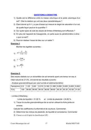 Cours Mecanique des sol 17 Khaled MEFTAH
QUESTIONS A DEBATTRE
1) Quelle est la différence entre la masse volumique et le poids volumique d’un
sol? Citer la relation qui unit ces deux caractéristiques ?
2) Etant donné qu’il n’ y a pas d’essai qui mesure le degré de saturation d’un sol,
de quelle façon peut-on le quantifier ?
3) Sur quels types de sols les essais de limites d’Atterberg sont effectués ?
4) En plus de l’appareil de Casagrande, on parle aussi du pénétromètre à cône :
à quoi ca sert?
5) Peut-on réaliser l’essai de bleu sur un sable ?
Exercice 1
Montrer les égalités suivantes :
1) e
s
d
+
=
+
=
11
γ
ω
γ
γ
2) s
e
γ
ω
γ +
+
=
1
1
3) e
Gs
rS
ω
=
Exercice 2
Des essais réalisés sur un échantillon de sol remanié ayant une teneur en eau à
l’état naturel de 21.5%, ont donné les résultats suivants :
- Analyse granulométrique( par voie humide et sédimentométrie)
Tamis(mm) 2,5 1,25 0,63 0,315 0,160 0 ,080 0,050 0,020 0,005 0,002
T(%) 100 99.90 99.80 99.30 98.90 98.60 85.30 65.30 43.50 31.00
- Limites d’Atterberg :
Limite de liquidité = 31.00 % et Limité de plasticité = 24.80 %.
1) Tracer la courbe granulométrique de ce sol en utilisant la fiche jointe en
annexe.
Calculer les coéfficients d’uniformité et de courbure. Commenter.
2) Déterminer les indices de plasticité, de liquidité et consistance. Commenter
3) Classer ce sol d’après la classification LPC.
 
