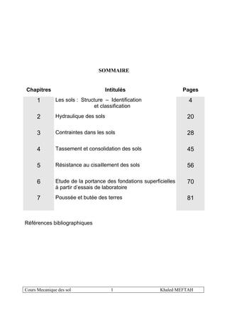 Cours Mecanique des sol 1 Khaled MEFTAH
SOMMAIRE
Chapitres Intitulés Pages
1 Les sols : Structure – Identification
et classification
4
2 Hydraulique des sols 20
3 Contraintes dans les sols 28
4 Tassement et consolidation des sols 45
5 Résistance au cisaillement des sols 56
6 Etude de la portance des fondations superficielles
à partir d’essais de laboratoire
70
7 Poussée et butée des terres 81
Références bibliographiques
 