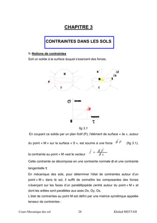 Cours Mecanique des sol 28 Khaled MEFTAH
CHAPITRE 3
CONTRAINTES DANS LES SOLS
1- Notions de contraintes
Soit un solide à la surface duquel s’exercent des forces.
P
I
δs
I
M S
II
n δF
0 τ
tangeante
σ normale
δF
fig 3.1
En coupant ce solide par un plan fictif (P), l’élément de surface « δs », autour
du point « M » sur la surface « S », est soumis à une force Fδ
r
(fig 3.1).
la contrainte au point « M »est le vecteur s
Ff
δ
δ
rr
=
Cette contrainte se décompose en une contrainte normale σσσσ et une contrainte
tangentielle ττττ
En mécanique des sols, pour déterminer l’état de contraintes autour d’un
point « M » dans le sol, il suffit de connaître les composantes des forces
s’éxerçant sur les faces d’un paraléllipipède centré autour du point « M » et
dont les arêtes sont parallèles aux axes Ox, Oy, Oz.
L’état de contraintes au point M est défini par une matrice symétrique appelée
tenseur de contraintes :
 