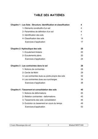 Cours Mecanique des sol 2 Khaled MEFTAH
TABLE DES MATIERES
Chapitre 1 : Les Sols : Structure. Identification et classification 4
1- Eléments constitutifs d’un sol 4
2- Paramètres de définition d’un sol 4
3- Identification des sols 7
4- Classification des sols 14
Exercices d’application 17
Chapitre 2: Hydraulique des sols 20
1- Ecoulement linéaire 20
2- Ecoulements plans 20
Exercices d’application 24
Chapitre 3 : Les contraintes dans le sol 28
1- Notions de contraintes 28
2- Cercle de Mohr 29
3- Les contraintes dues au poids propre des sols 32
4- Les contraintes dues aux surcharges 34
Exercices d’application 38
Chapitre 4 : Tassement et consolidation des sols 45
1- Notions de déformations 45
2- Relation contraintes - deformations 45
3- Tassements des sols- consolidation 46
3- Evolution du tassement en cours du temps 49
Exercices d’application 53
 